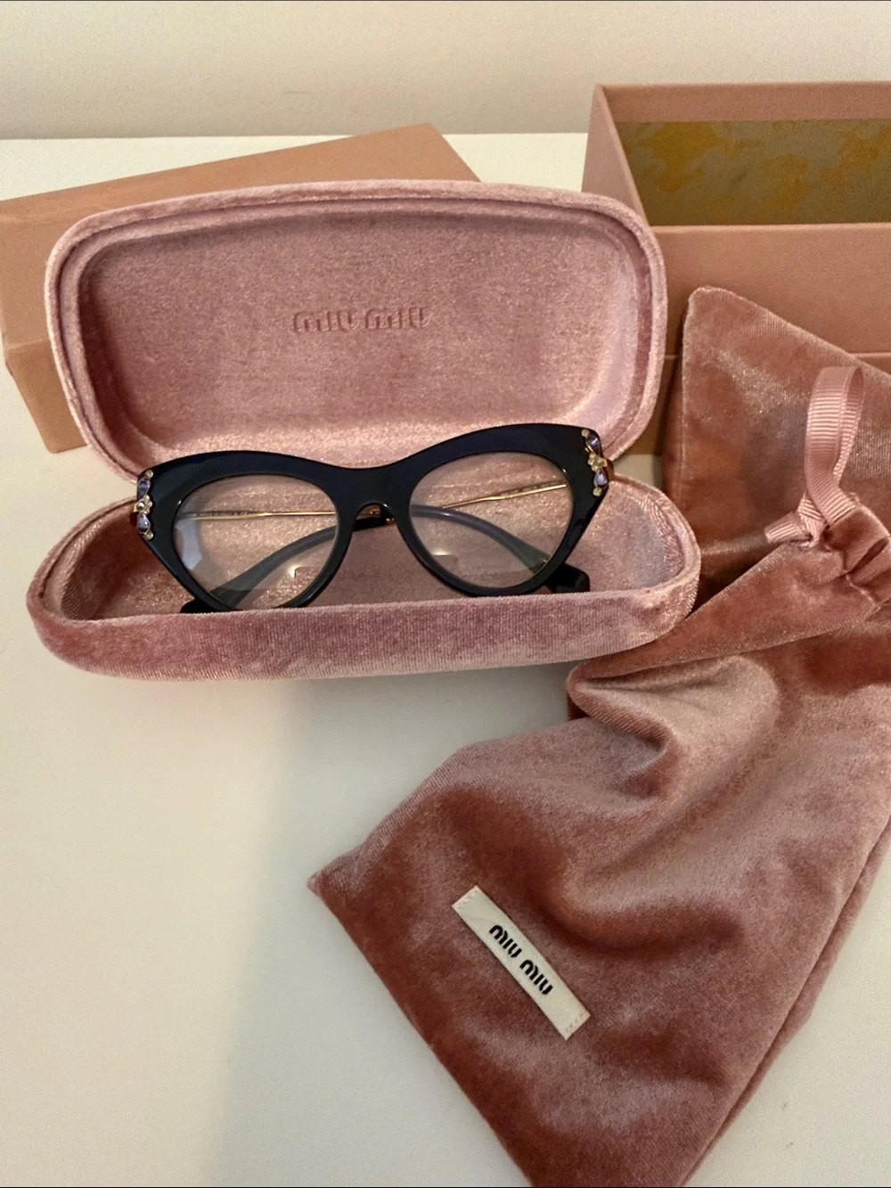 Miu Miu Black Cat-Eye Glasses with Crystal Temple Accents